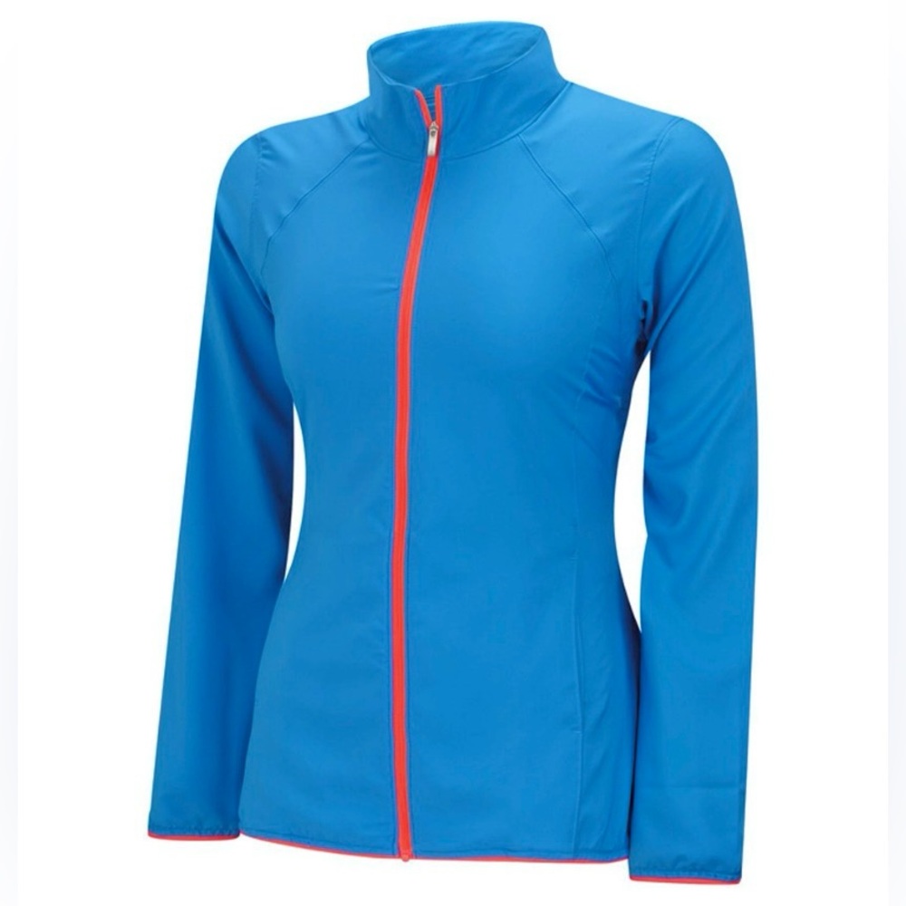 ADIDAS Women's Vibrant Blue Golf Wind Jacket with Pink Trim